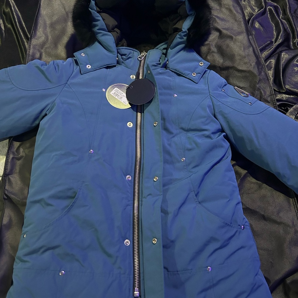 Blue Moose Knuckle Parka Winter Coat With Black Fox Fur